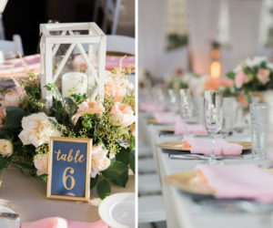 Romantic Elegant pink and white wedding reception decor | navy and gold wedding reception table number with Lantern Centerpiece and Long Feasting Tables with Gold Chargers and Pink Napkins