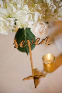 Blush and Ivory Flower Hydrangea & Rose Wedding Centerpiece with Gold Candle Holder and Wooden Calligraphy Table Number