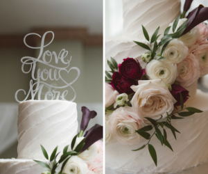 Ivory Buttercream Wedding Cake with Ivory and Purple Roses and Greenery with ‘Love You More’ Wedding Cake Topper