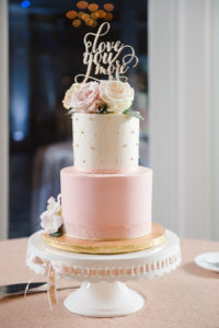 Gold and Ivory Round Two Tier Wedding Cake with Blush Pink and Ivory Flowers and Love You More Calligraphy Cake Topper | Clearwater Beach Wedding Cake Bakery The Artistic Whisk