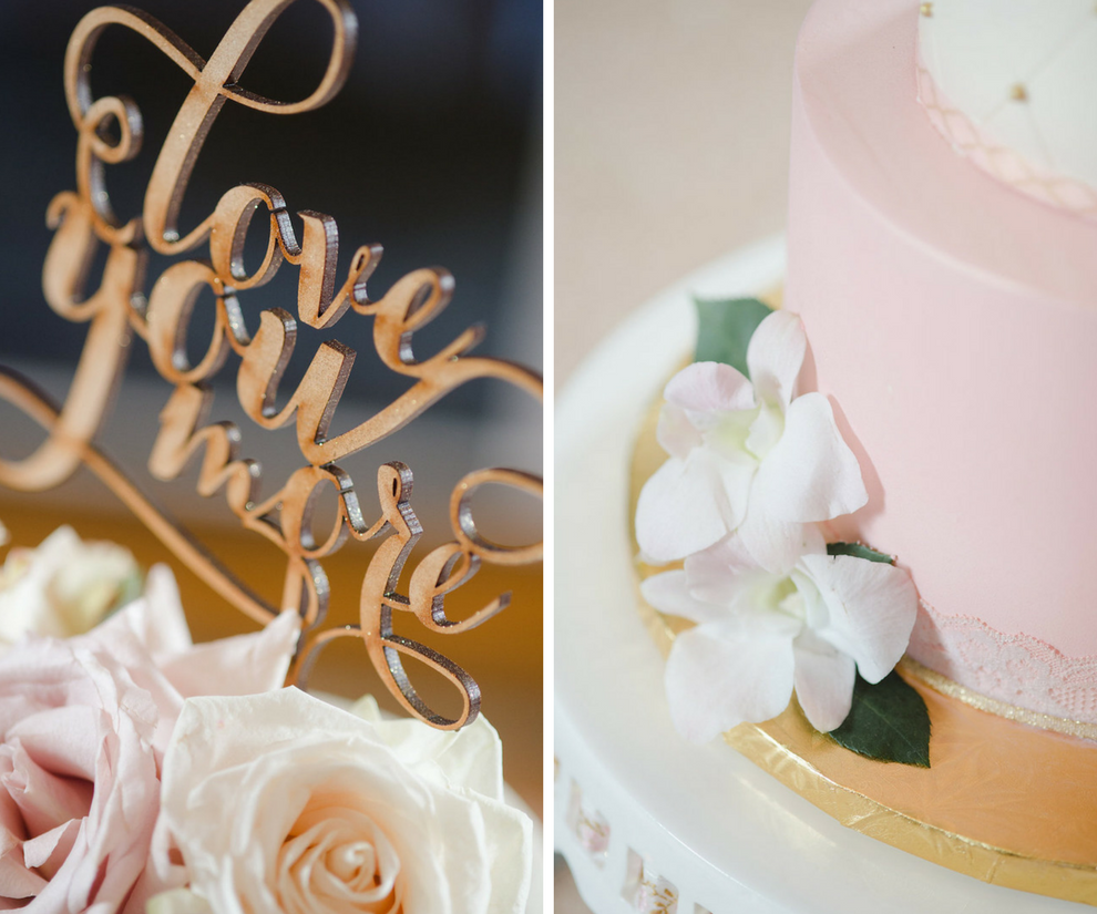 Gold and Ivory Round Two Tier Wedding Cake with Blush Pink and Ivory Flowers and Love You More Calligraphy Cake Topper | Clearwater Beach Wedding Cake Bakery The Artistic Whisk