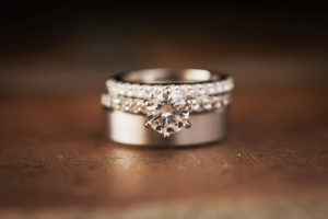 Diamond Engagement Ring and Wedding Ring with Silver Wedding Band