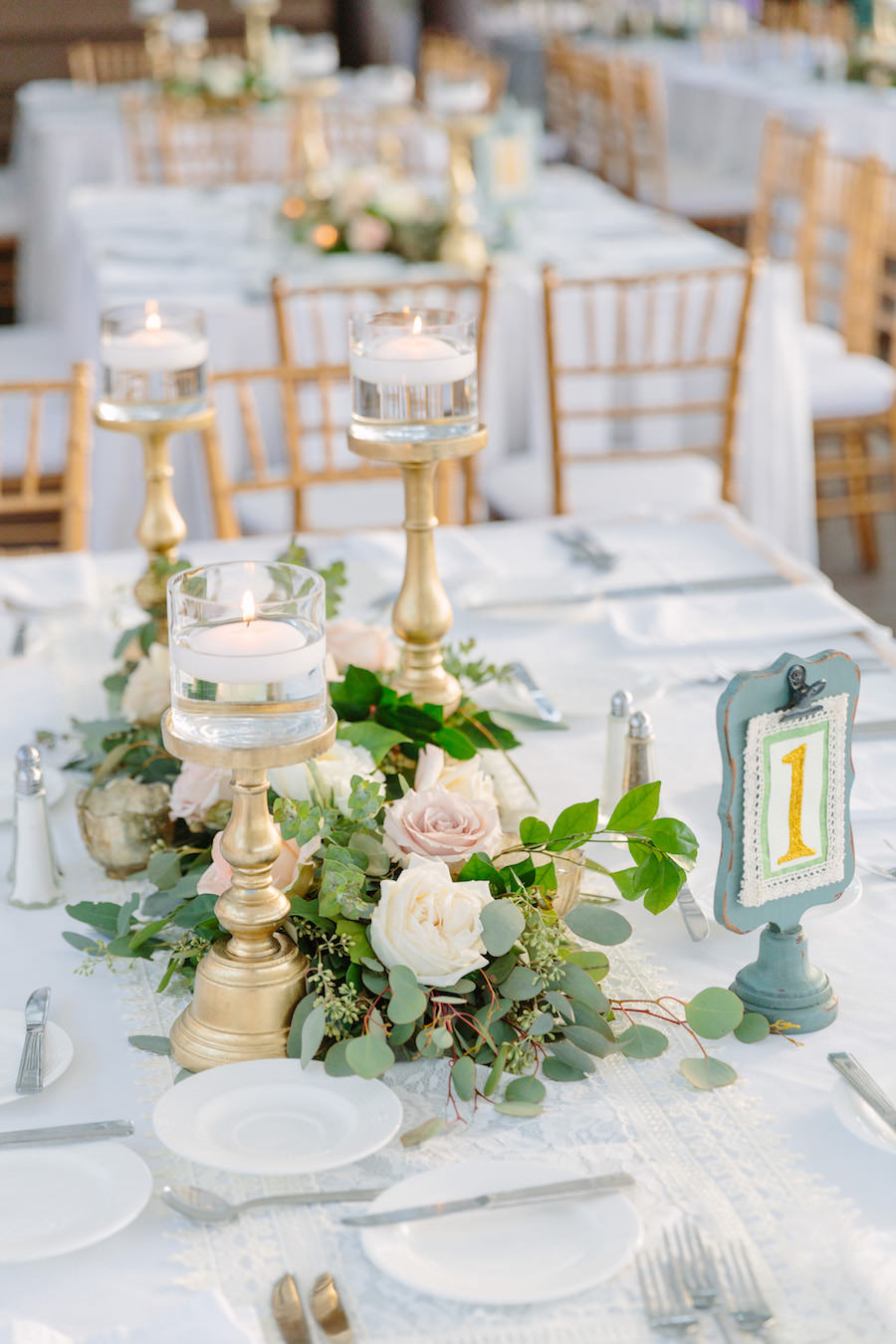 Elegant, Destination Beach Wedding Reception with Gold, Ivory and Blush Centerpieces | Hotel Wedding Venue Hilton Clearwater Beach