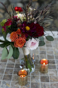 Burgundy and Orange Fall Themed Wedding Decor Bouquet with Dahlias, Sunflowers and Roses