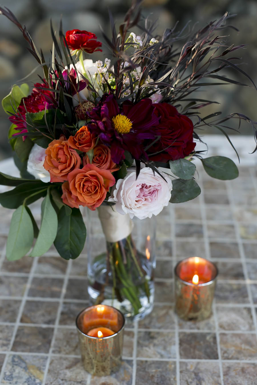 Burgundy and Orange Fall Themed Wedding Decor Bouquet with Dahlias, Sunflowers and Roses
