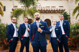 Powel Crosley Estate Groom and Groomsmen with Navy Blue and Grey Wedding Portrait | Tampa Bay Wedding Photographer Limelight Photography