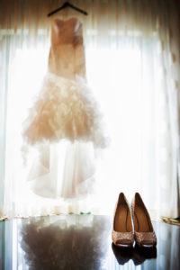 Ivory, Strapless Wedding Dress and Gold Sparkle Wedding Shoes