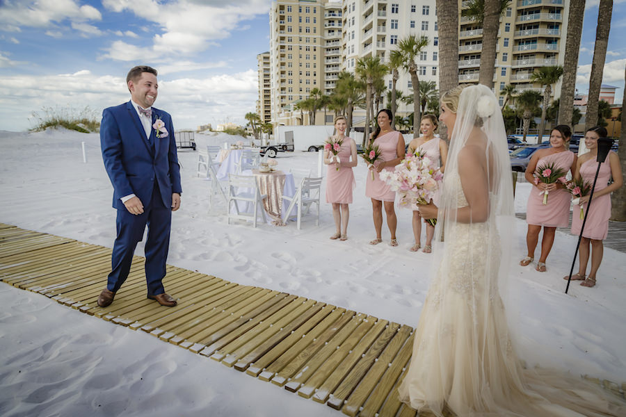 Tampa Bay and Groom First Look Wedding Portrait | Outdoor Waterfront Hotel Wedding Venue Hilton Clearwater Beach