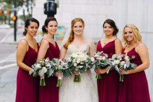 Bridesmaids in Burgundy Hayley Paige and Bride in Ivory Beaded Sweetheart Sophia Tolli with Ivory, Burgundy and GreeneryBouquet Wedding Portrait | Tampa Bay Wedding Photographer Jake & Katie Photography