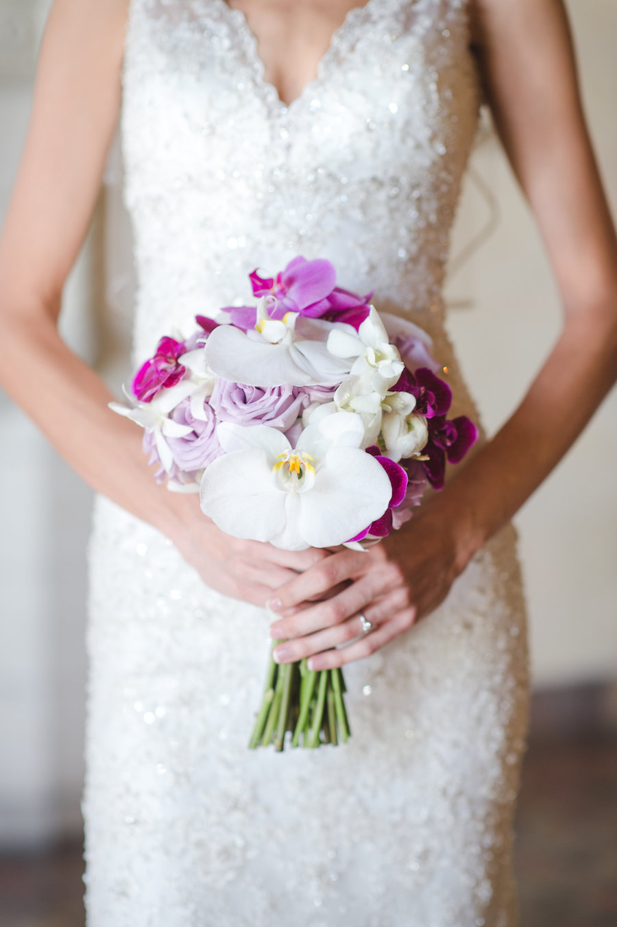 Bridal Wedding Portrait in an Ivory Allure Beaded Sheath Wedding Dress with White and Fuchsia Orchid Wedding Bouquet | Sarasota Wedding Photographer Marc Edwards Photographs