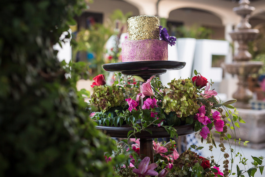 Tropical Floral Cake Stand with Pink, Gold and Purple Wedding Cake | Modern Wedding Cake Ideas & Inspiration