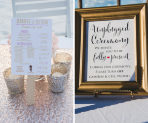 Beach Gold, Pink and White Wedding Ceremony Sign with Silver and White Candles on Blush Pink Sequin Table Linein | Gold and White Wedding Ceremony Sign | Beach Wedding Decor and Inspiration