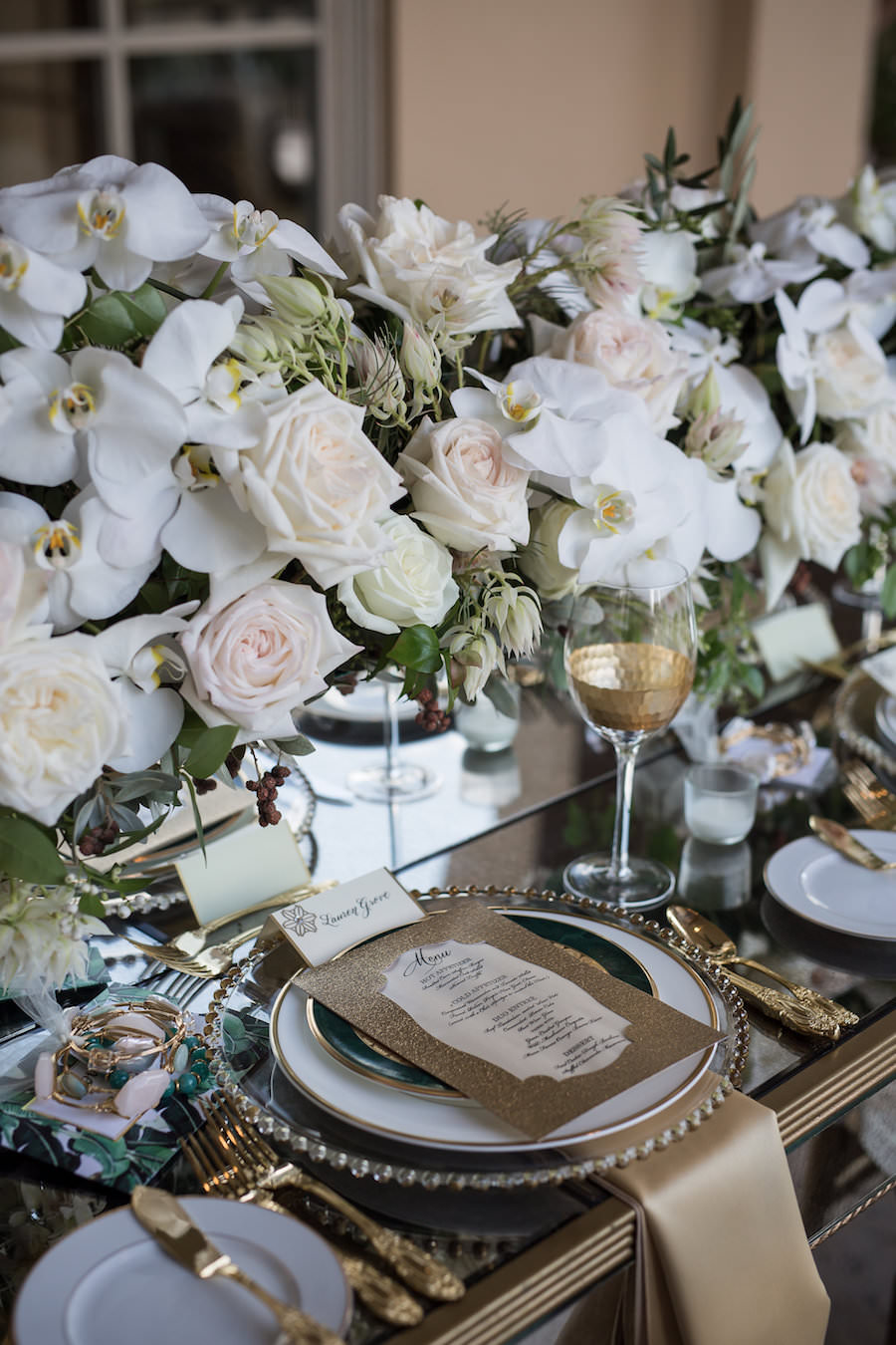 Outdoor Elegant, Sophisticated Vintage Wedding Reception Ideas & Inspiration with Gold Place Cards, China and Beaded Chargers and White Floral Centerpieces | Sarasota Wedding Planner NK Productions