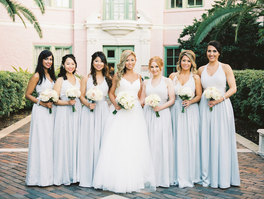Bridal Party Wedding Portrait with Light Gray Bridesmaids Dresses and White, Tulle Ballgown Wedding Dress | St. Petersburg Wedding Planner NK Productions | St. Petersburg Wedding Venue Vinoy Renaissance