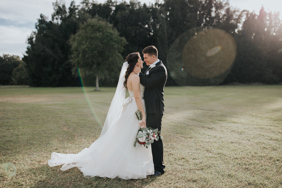 Outdoor Lawn Bride and Groom Wedding Portrait with Tara Keely Wedding Dress and Long Veil