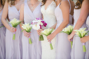 Outdoor Sarasota Bridal Party Wedding Portrait | Lavender David’s Bridal Bridesmaids Dresses with Ivory Lace Sheath Allure Wedding Dress with Ivory and Lavender Wedding Bouquet | Sarasota Wedding Photography by Marc Edwards Photographs | Wedding Planner UNIQUE Weddings and Events
