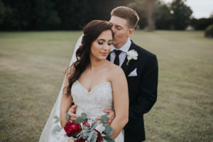 Outdoor Lawn Bride and Groom Wedding Portrait with Tara Keely Sweetheart Beaded Wedding Dress and Long Veil