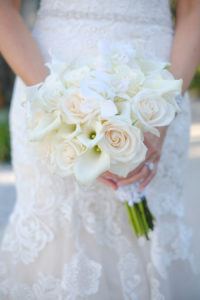 Blush and Ivory Rose Bridal Wedding Bouquet and Lace Allure Bridal Wedding Dress