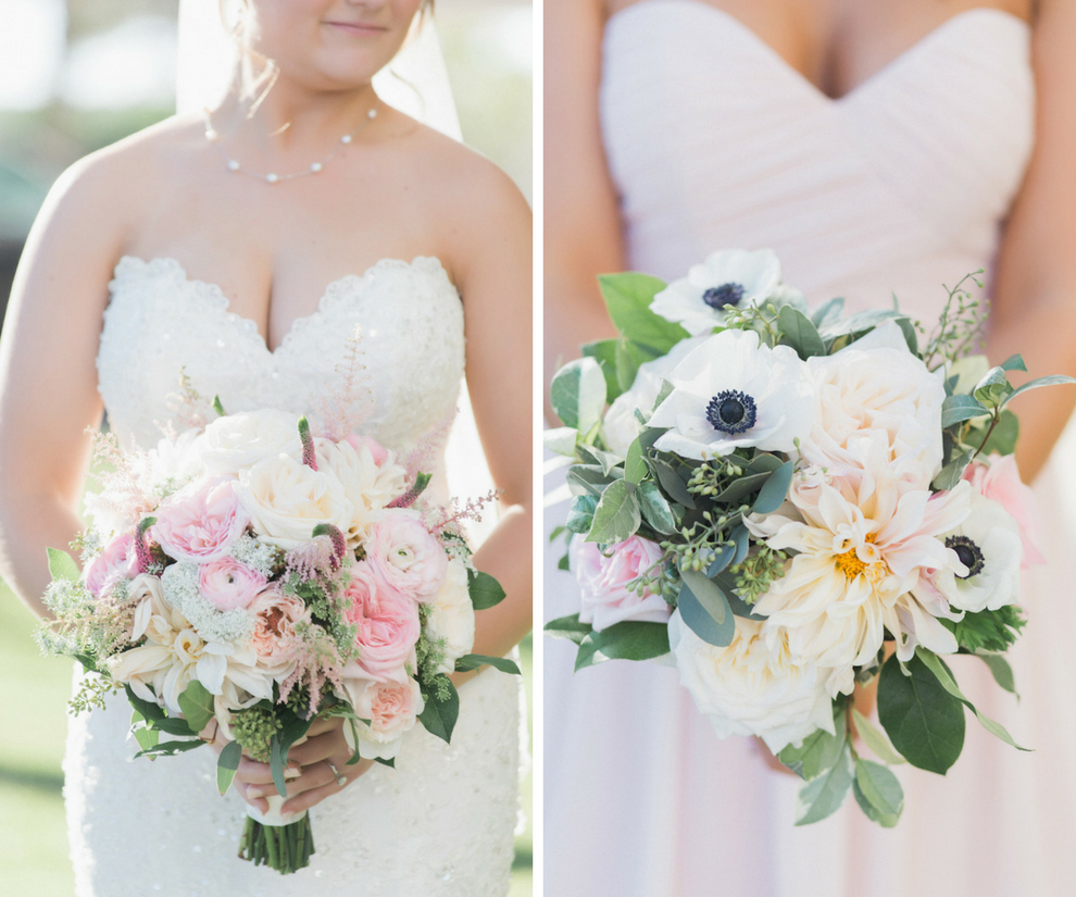 Ivory, blush and green wedding bouquet | Peach, blush, white and green bridesmaid bouquet | Wedding Flower and Decor Inspiration