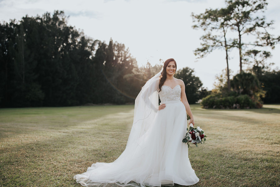 Outdoor Lawn Bride Wedding Portrait with Tara Keely Sweetheart Beaded Wedding Dress and Long Veil