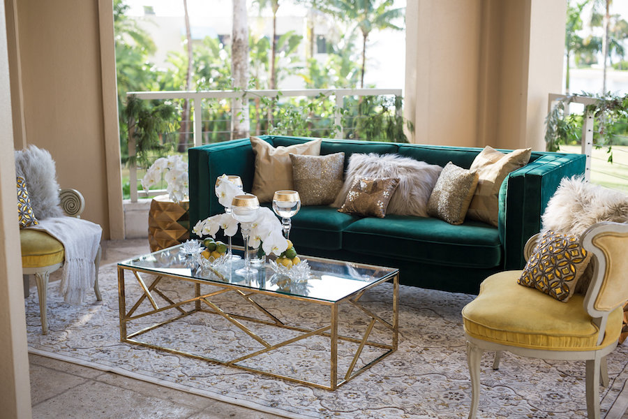 Outdoor Elegant, Sophisticated Vintage Wedding Reception Ideas & Inspiration with Mustard Yellow Vintage Chair and Emerald Green Velvet Couch | Wedding Lounge Furniture | Sarasota Wedding Planner NK Productions