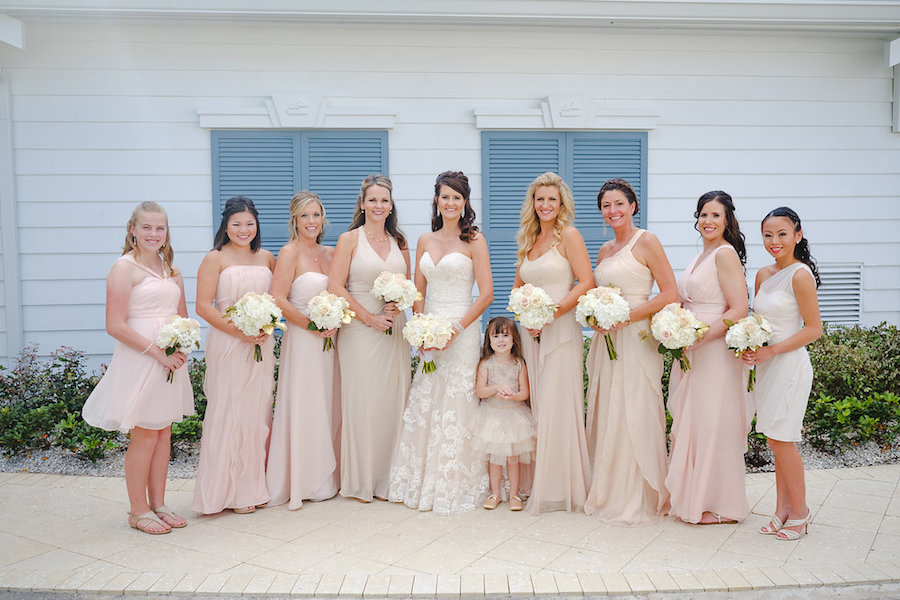 Bridal Party Wedding Portrait with Blush Bridesmaids Dresses and Ivory, Lace Wedding Dress with Ivory Wedding Bouquets | Clearwater Beach Wedding Photographer Marc Edwards Photographs | Wedding Planner Kimberly Hensley Events