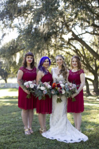 Bridal Party Wedding Portrait with Burgundy David’s Bridal Bridesmaids Dresses and Ivory Lace, Cap Sleeve Allure Wedding Dress | Fall Autumn Dress Inspiration
