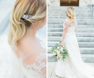 Bridal Wedding Portrait in Ivory Lace Morilee Madeline Gardner Wedding Dress with White Peonies and Eucalyptus Wedding Bouquet | Downtown Tampa Wedding Planner Inspire Weddings and Events
