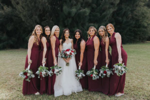 Burgundy Bridesmaid Dresses with White and Red Wedding Bouquets with Greenery | Red Bridal Party Color Ideas