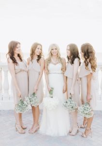 Bridal Party Wedding Portrait with White Wedding Bouquet and Pastel Nude Taupe Bridesmaids Dresses with Baby's Breath | Tampa Bay Hotel Wedding Venue Hyatt Clearwater Beach Regency
