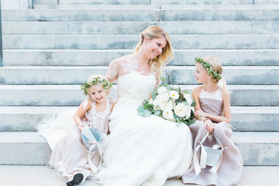 Bridal Wedding Portrait with Flower Girls in Ivory Lace Wedding Dress with White Peonies and Eucalyptus Wedding Bouquet | Downtown Tampa Wedding Planning Inspire Weddings and Events