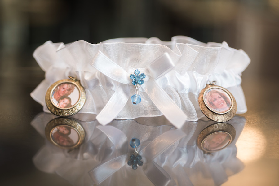 White Wedding Garter with Blue Rhinestones and Small Photo Pendants