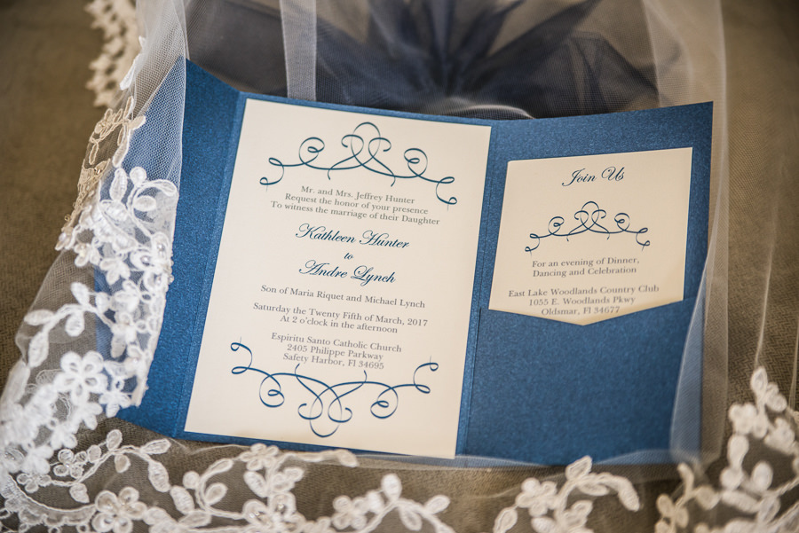 White and Blue Wedding Invitation Suite on Wedding Veil Portrait