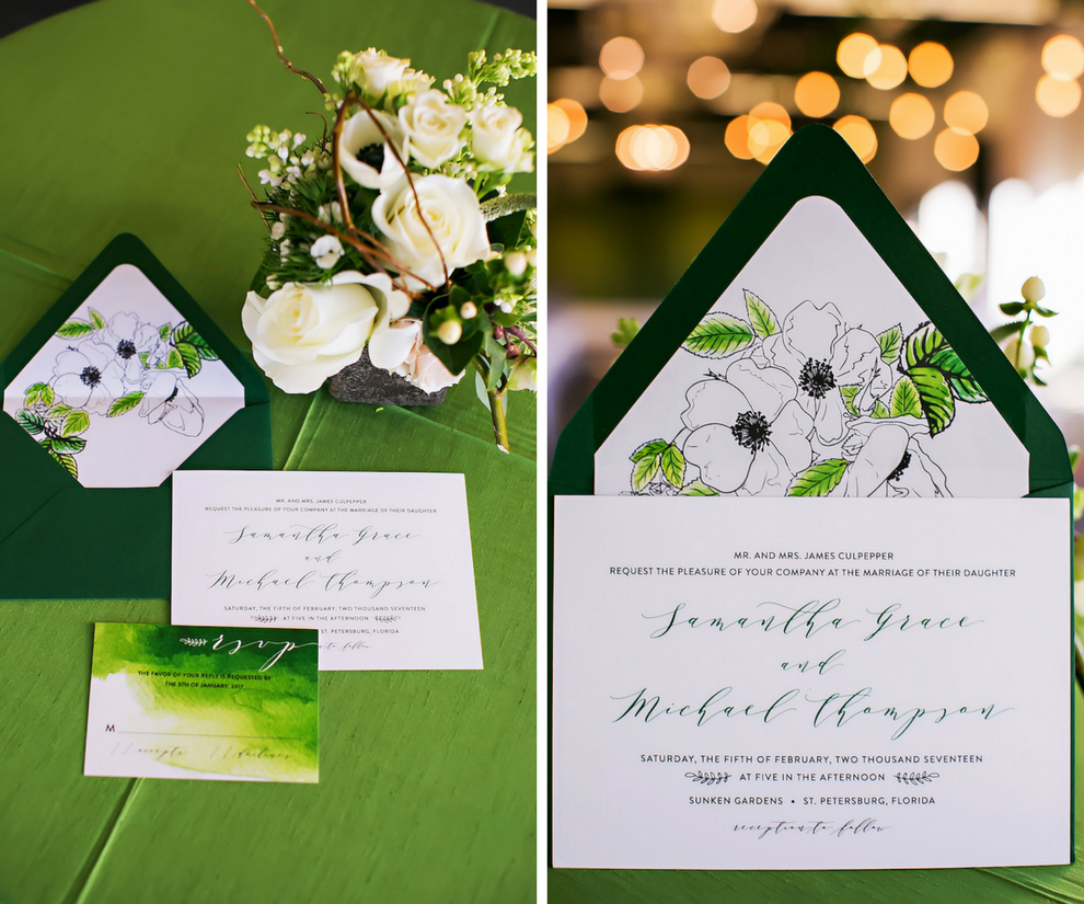 Greenery Inspired Floral Wedding Invitations with Envelope Liner | Tampa Bay Letterpress Stationery Designer A&P Design Co