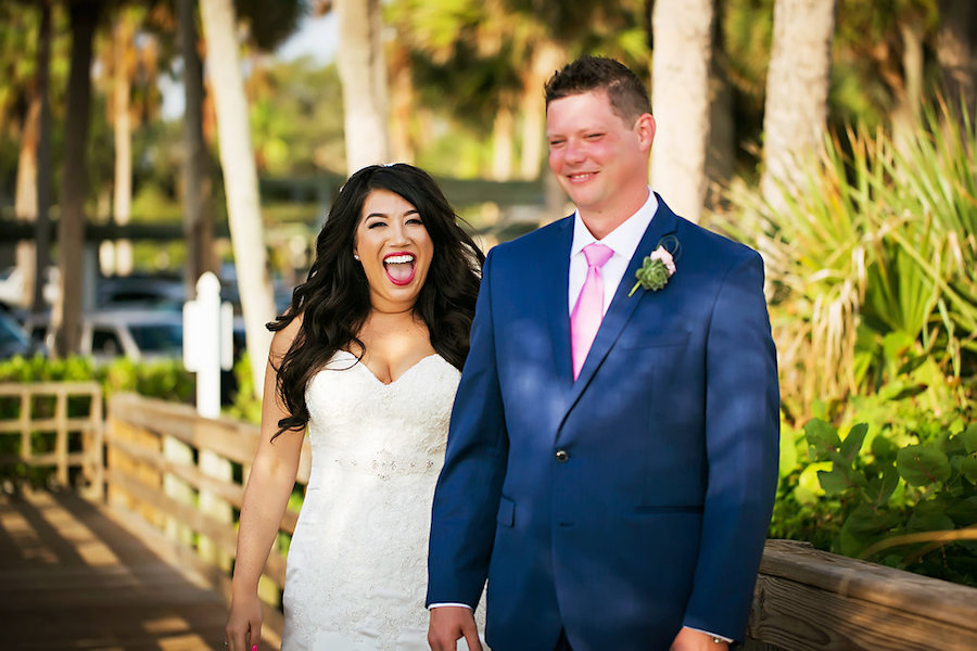 Bride and Groom Wedding Day Portrait in Sweetheart Sophia Tolli Wedding Dress and Navy Blue Suit with Light Pink Tie | Sarasota Wedding Photographer Limelight Photography