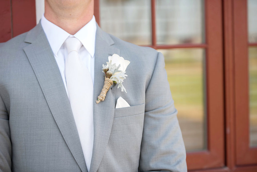 Groom in Light Grey Suit with White Rose Boutonniere with Dusty Miller | St. Petersburg Wedding Photographer Kristen Marie Photography