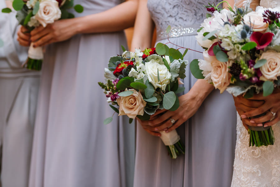 Light Grey Chiffon and Lacy Bridesmaids Dresses with Ivory, Burgundy and Navy Bouquet of Flowers