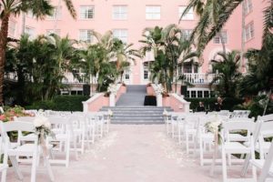 White St. Pete Beach Outdoor Wedding Ceremony | Ivory and Gold Vintage Wedding Ceremony Welcome Sign with F. Scott Fitzgerald Quote on Vintage Typewriter | St. Petersburg Wedding Venue The Don CeSar