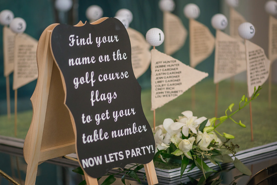 Wedding Reception Golf Tag Place Cards with Black Sign and White Calligraphy | Wedding Reception Decor and Inspiration