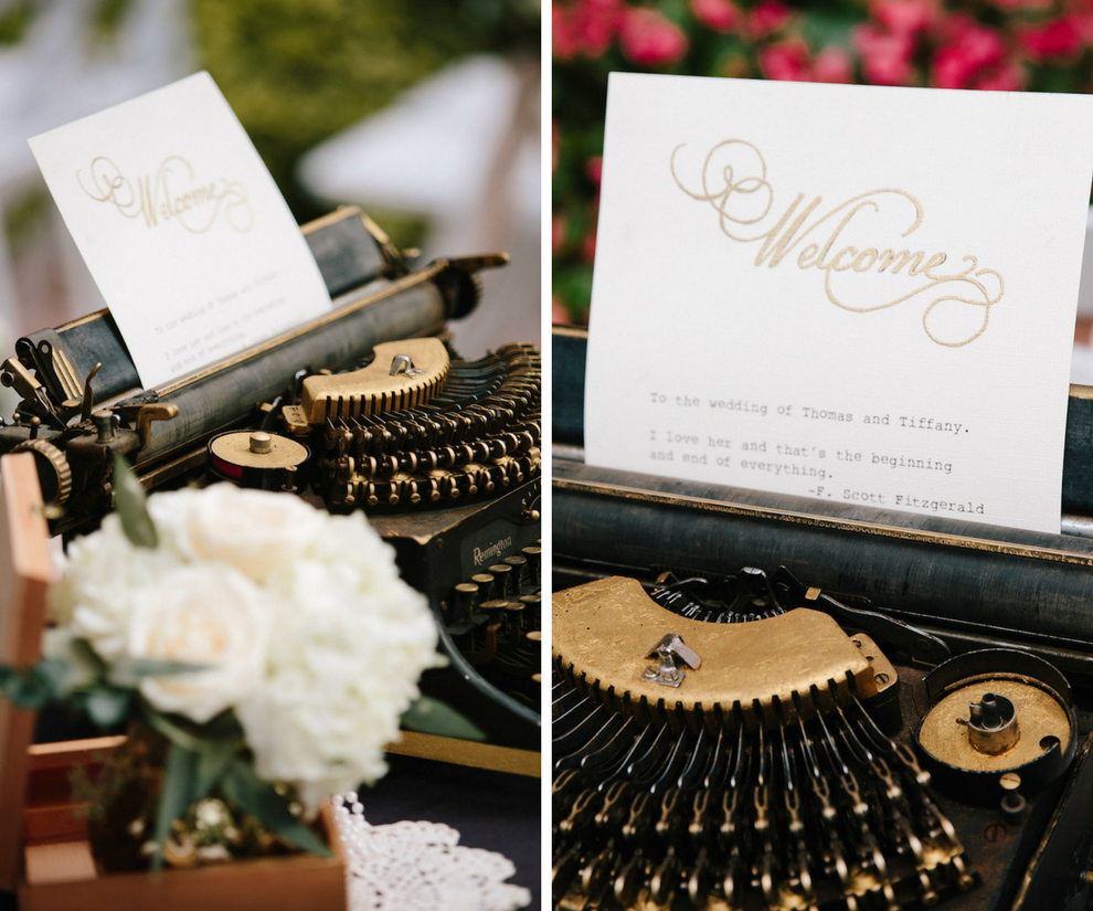 Ivory and Gold Vintage Wedding Ceremony Welcome Sign with F. Scott Fitzgerald Quote on Vintage Typewriter | St. Petersburg Wedding Venue The Don CeSar