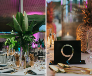 Green Palm Tree and Gold Pineapple Centerpieces with Black Modern Cutout Table Numbers | Art Deco Wedding Decor and Inspiration | Sarasota Wedding Planner Jennifer Matteo Event Planning