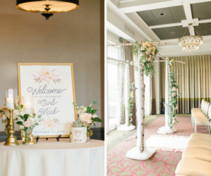 Blush, Ivory and Gold Wedding Ceremony Ideas and Inspiration with Ivory and Blush Floral Welcome Sign and White Birch Arch with Blush and Ivory Flowers and Greenery | St. Petersburg Wedding Venue The Birchwood | Tampa Bay Wedding Photographer Ailyn La Torre Photography