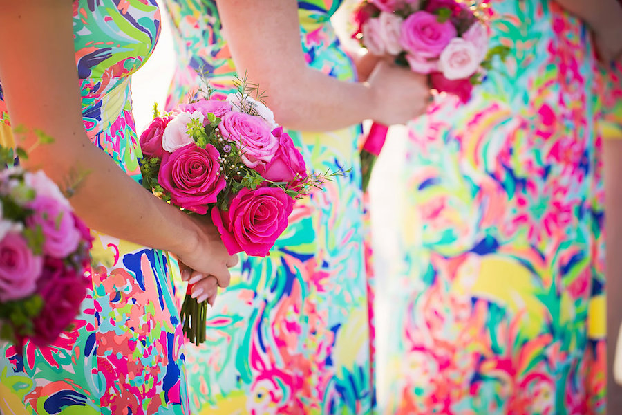 Lilly Pulitzer Multi Colored Bridesmaids Dresses with Hot Pink Rose Wedding Bouquets