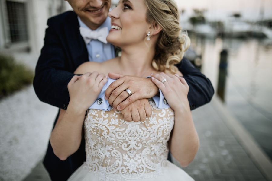 Outdoor Sarasota Bride and Groom Wedding Portrait with Bride in Lace and Tulle Reem Acra Ballgown | Bridal Boutique Blush Bridal Sarasota | Wedding Venue Sarasota Yacht Club | Tampa Bay Wedding Planner NK Productions