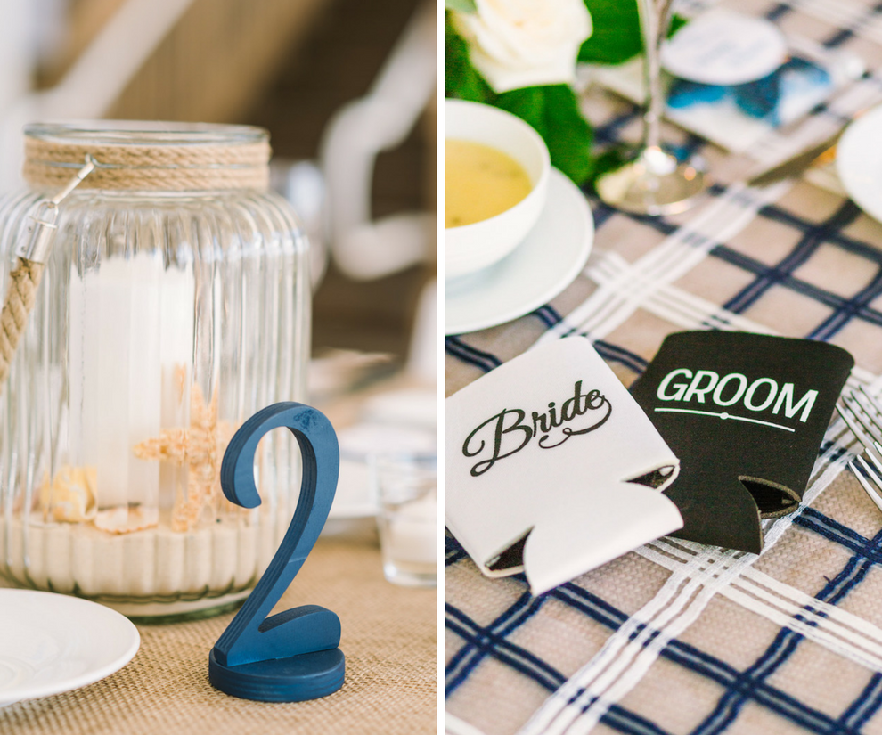 Clear Jar With White Candle and Sand with Sea Shells and Starfish Wedding Centerpiece with Blue Table Number with Black and White Bride and Groom Coozie Wedding Favors | Tampa Bay Wedding Venue Hilton Clearwater Beach