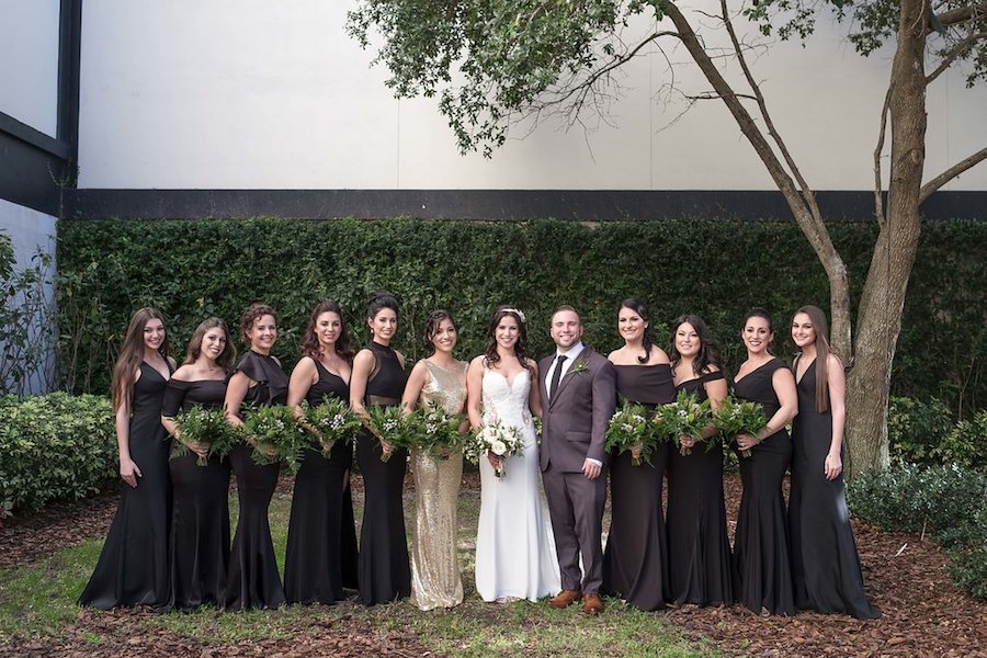 Outdoor Tampa Bridal Party with Bridesmaids in Black Dresses and Maid of Honor in Gold Sparkly Gown Wedding Portrait | Tampa Bay Wedding Photographer Marc Edwards Photographs