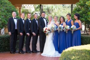 Tampa Bay Bridal Party Wedding Portrait with Cobalt Blue Chiffon Bridesmaids Dresses and White Lace Cap Sleeve Wedding Dress | Tampa Bay Wedding Photographer Andi Diamond Photography
