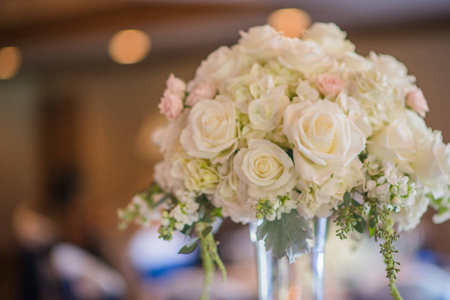 Wedding Reception Ivory and Blush Roses in Clear Vase Centerpieces