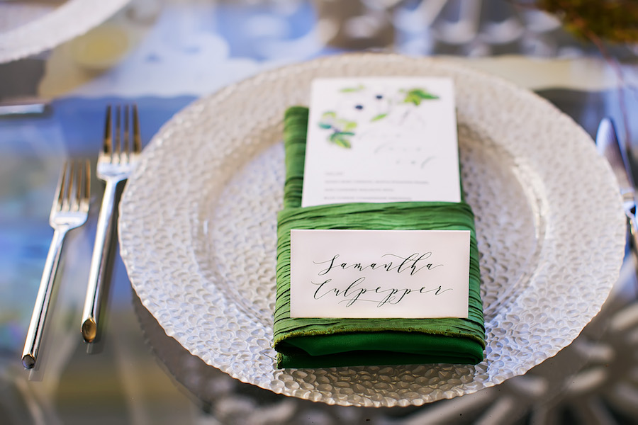 Silver Charger with Green Napkin and Calligraphy Name Card | Tampa Bay Rental and Decor Company A Chair Affair | Linens Connie Duglin | Letterpress Stationery Designer A&P Design Co