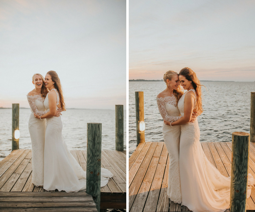 Florida Same Sex Gay Waterfront Wedding Sunset Portrait of Brides in Ivory Wedding Dress | Tampa Wedding Photographer Rad Red Creative